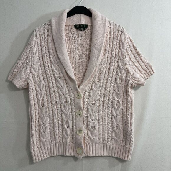 Lauren Ralph Lauren Womens Large Pink Cowl Neck SS Sweater 100% Cotton - Picture 1 of 6
